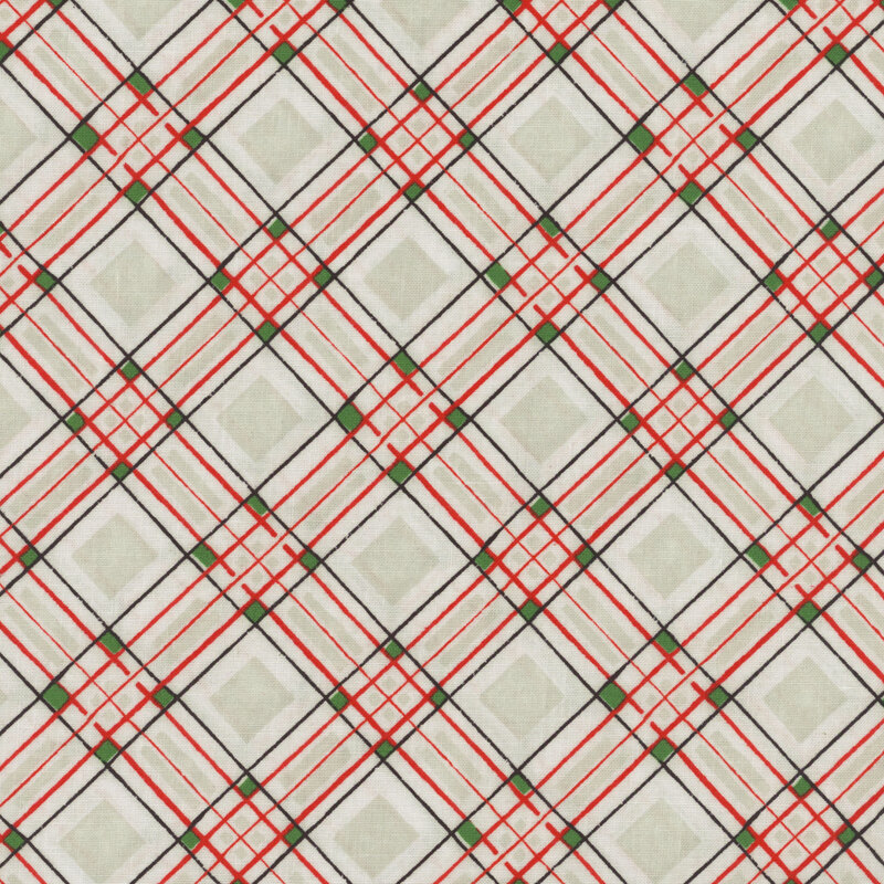 Cream plaid fabric with red and green accents