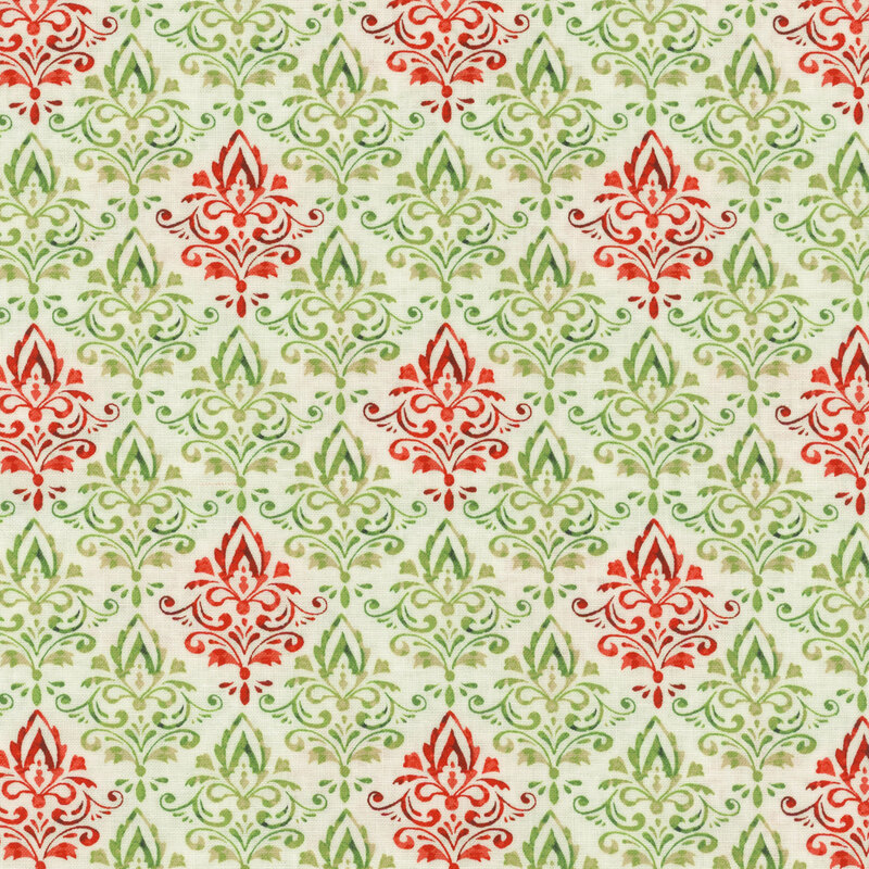 Red and green damask print fabric on a white background