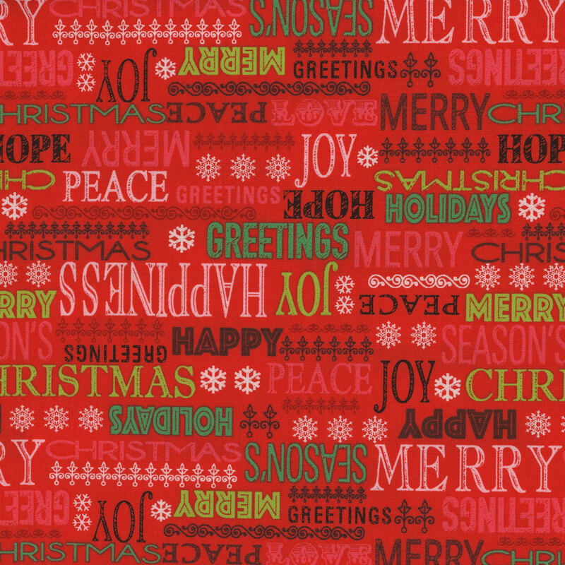 Red fabric with Christmas phrases all over