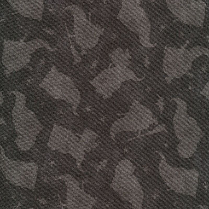 Tonal dark gray fabric with silhouettes of gnome witches and stars