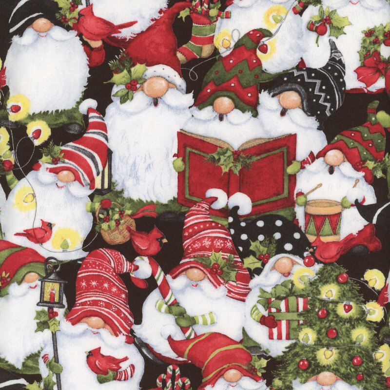Packed Christmas gnomes, Christmas trees, and fun hats all over a black background
