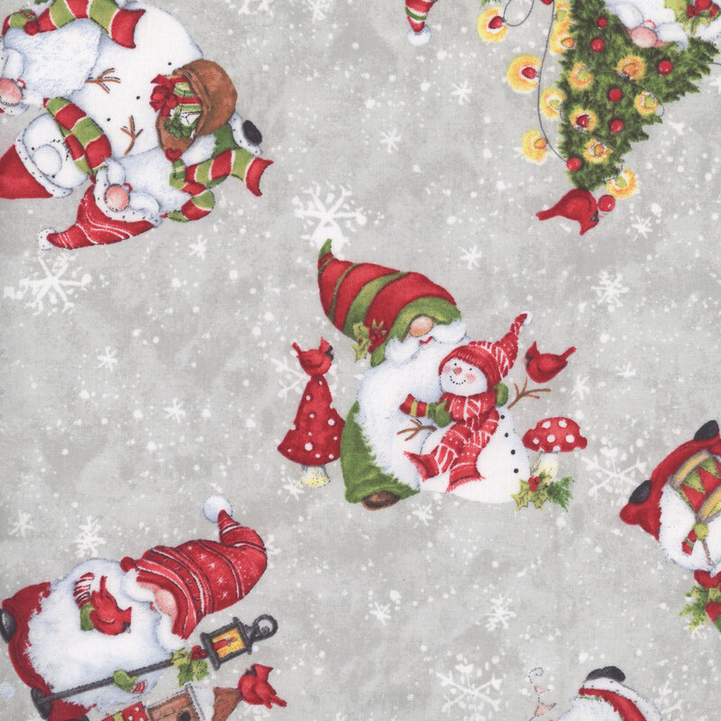 Gray fabric with small white snowflakes and tossed scenes of Christmas gnomes