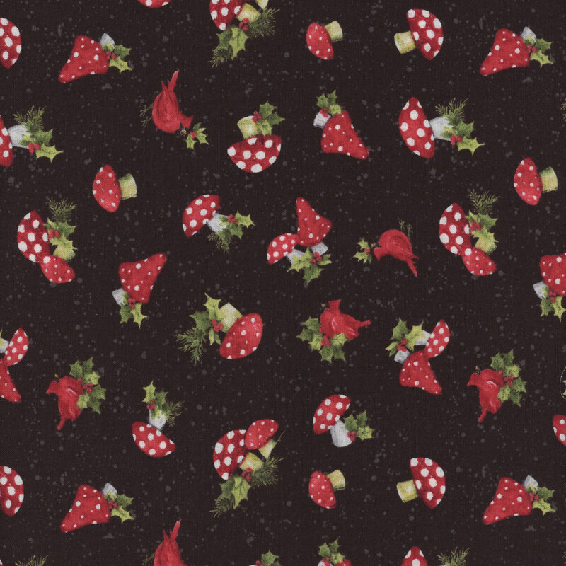 Black fabric with small white dots all over and tossed mushrooms, cardinals, and holly leaves
