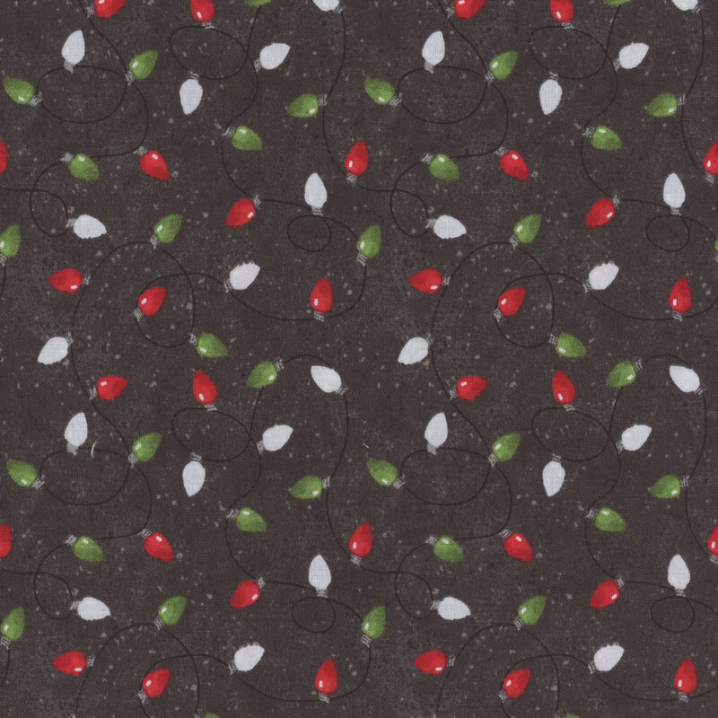 Dark charcoal fabric with red, white, and green Christmas lights all over