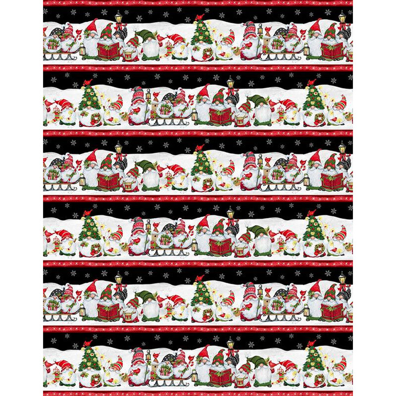 Border stripe fabric with scenes of Gnomes singing songs in front of street lights