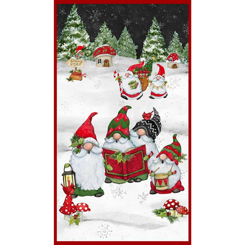 Christmas panel featuring gnomes singing Christmas carols and playing in the snow