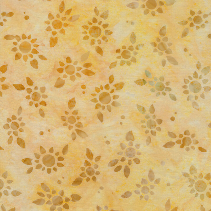 Mottled golden ochre fabric with tossed stencil images of sunflowers mottled with ochre and greens