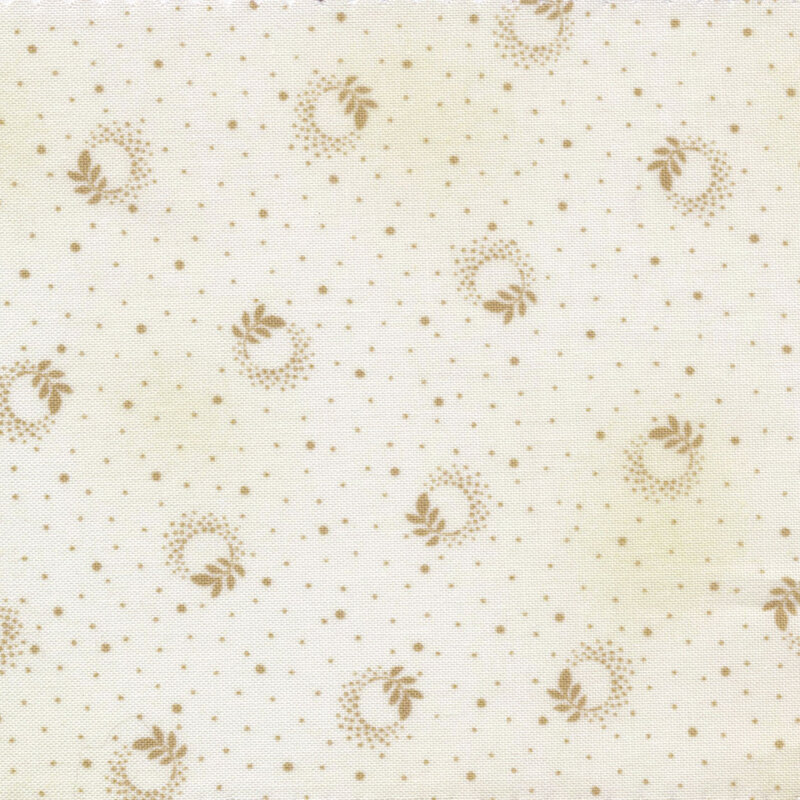 Scan of fabric featuring gold ditzy dots on a white background with branch leaf designs