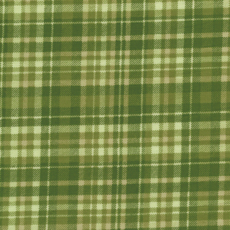 Scan of fabric featuring light and medium green plaid print