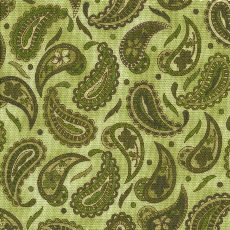 Scan of fabric featuring green paisley print
