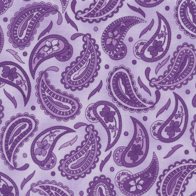 Scan of fabric featuring purple paisley print on a purple background