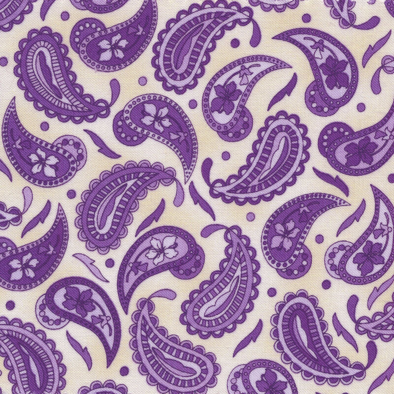 Scan of fabric featuring dark purple paisley print on a bright white background