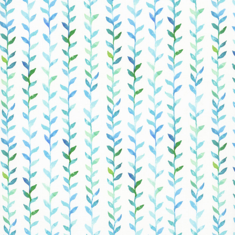 Off white fabric with aqua blue and green vine stripes