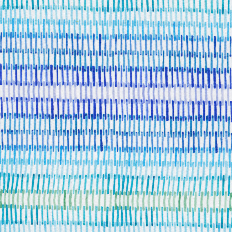 Fabric with blue, purple, and green woven watercolor pattern on a white background
