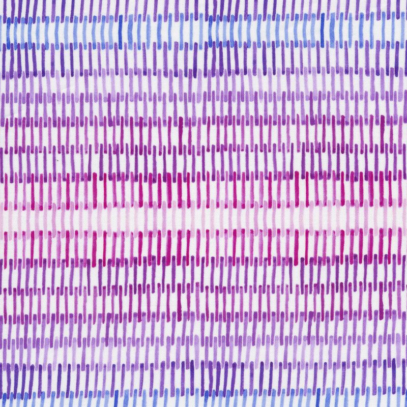 Fabric with blue, purple, and pink woven watercolor pattern on a white background