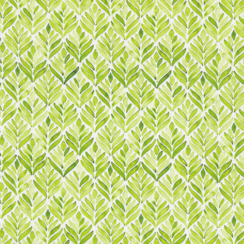 Fabric with tiled green leaves all over a white background