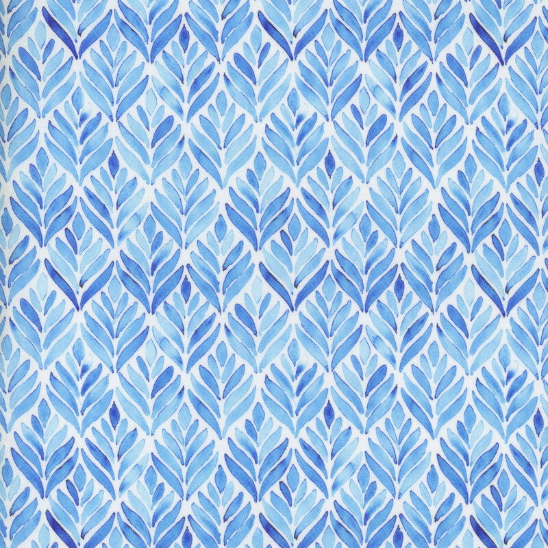 Fabric with tiled blue leaves all over a white background