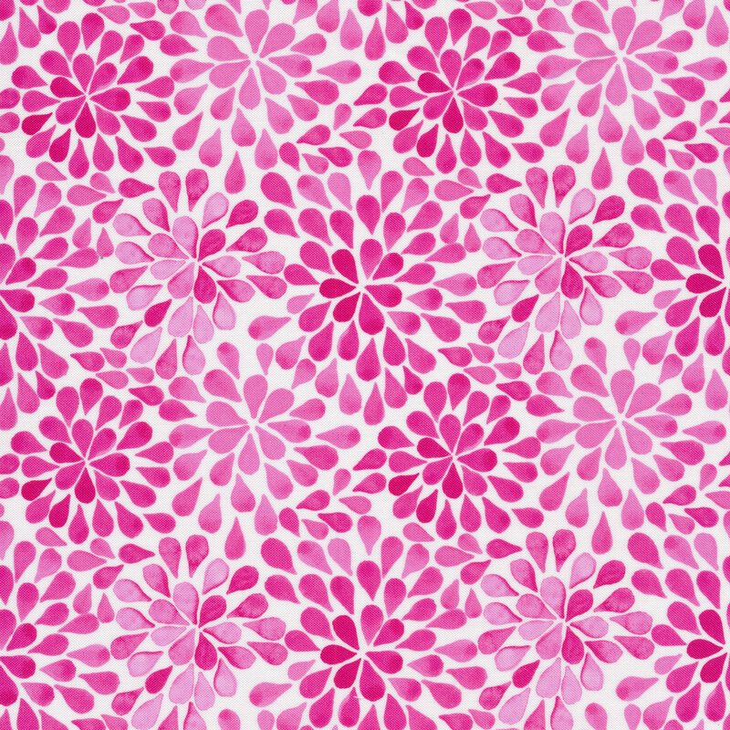 Fabric with bright pink floral leaves all over a white background