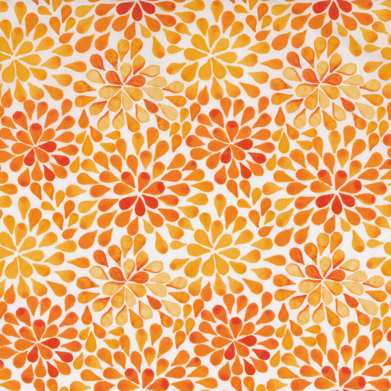 Fabric with bright orange floral leaves all over a white background