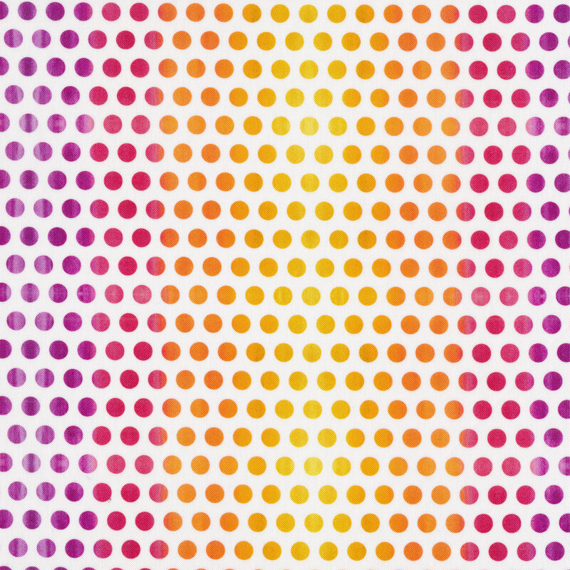 Fabric with bright orange, pink, and purple polka dots all over a white background