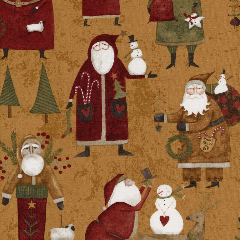 Distressed tan fabric with a variety of Santa Clauses holding snowmen, stars, and gifts