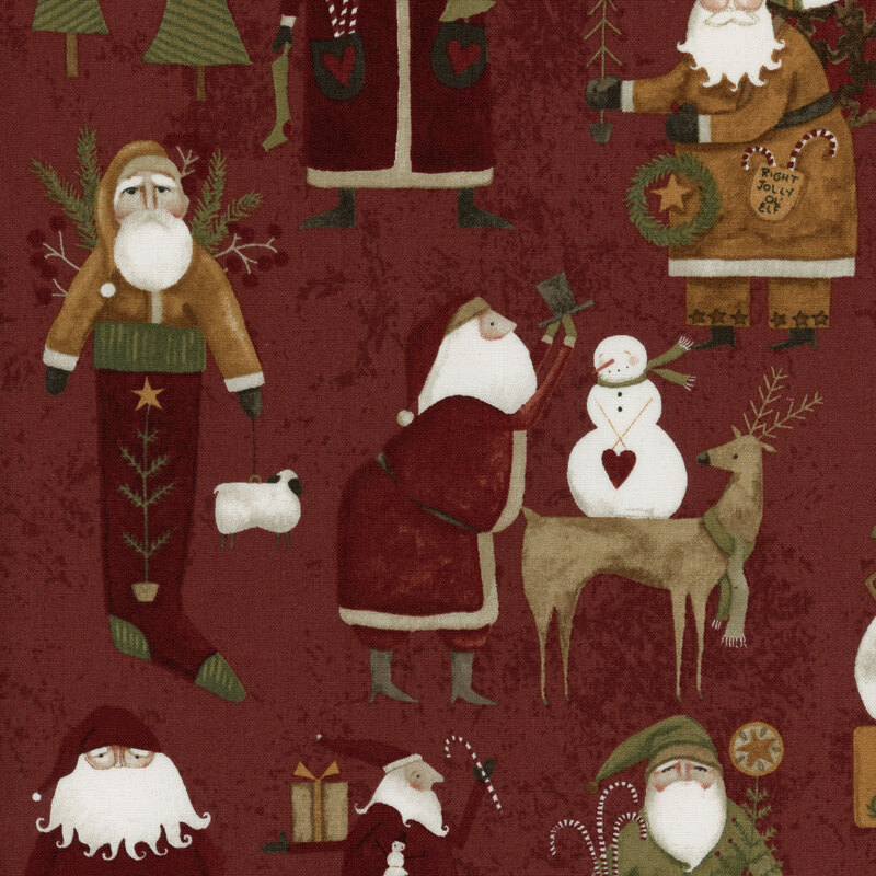 Distressed red fabric with a variety of Santa Clauses holding snowmen, stars, and gifts
