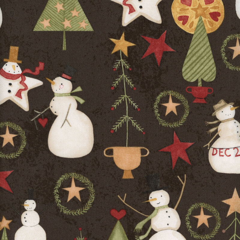 Distressed charcoal fabric with snowmen, Christmas trees, hearts, and stars all over
