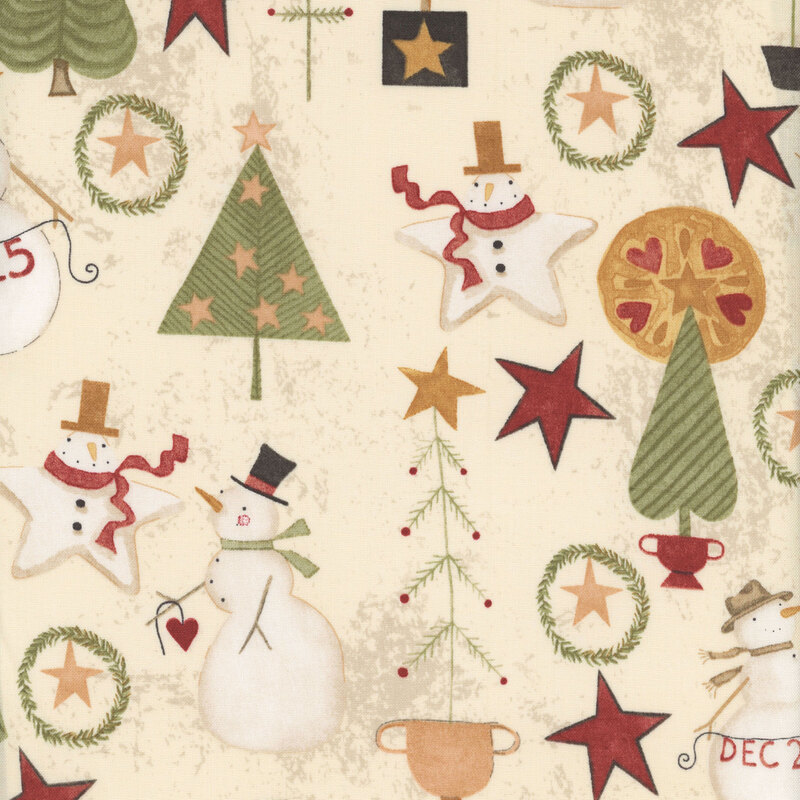 Distressed cream fabric with snowmen, Christmas trees, hearts, and stars all over