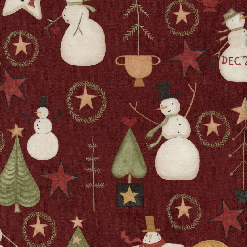 Distressed red fabric with snowmen, Christmas trees, hearts, and stars all over