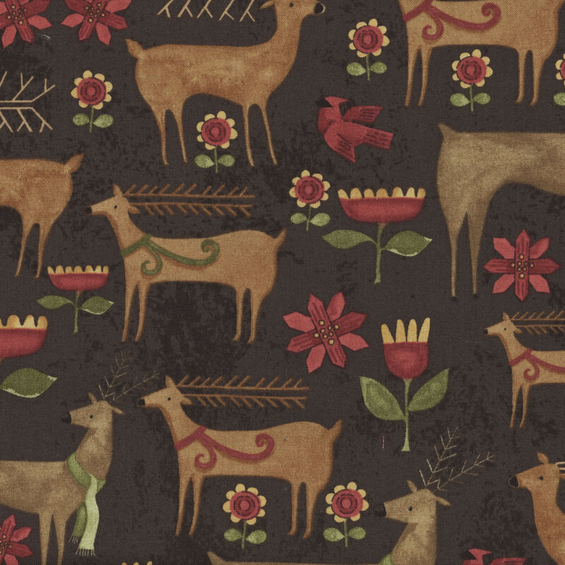 Distressed charcoal fabric with folk art deer wearing scarves and flowers all over