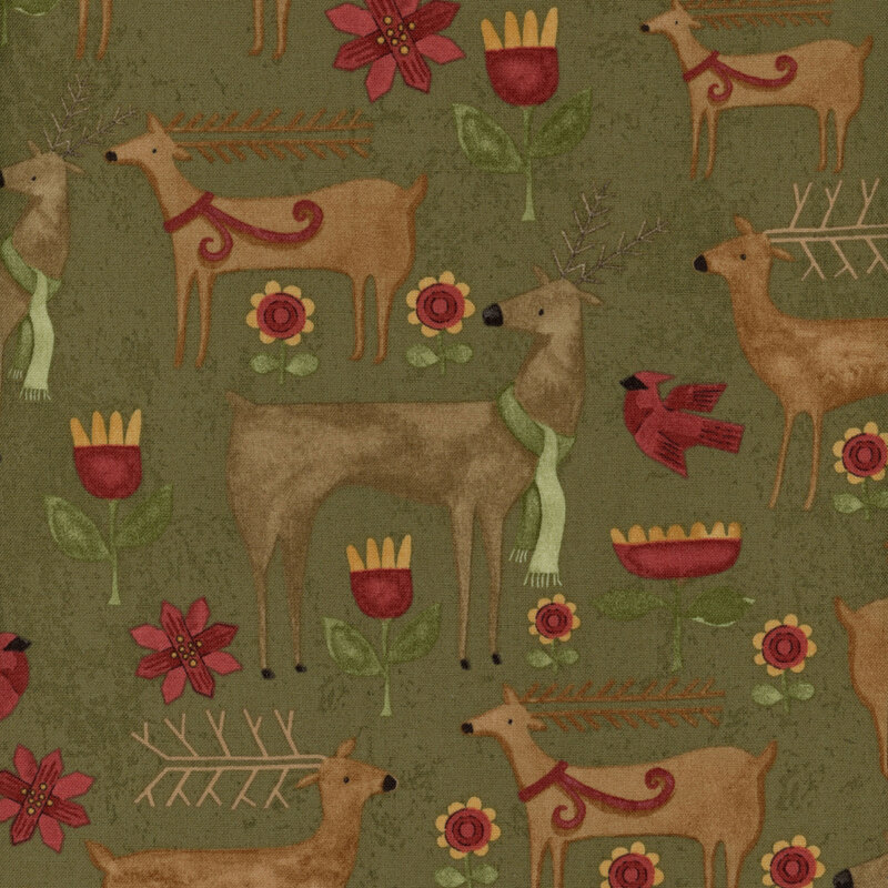 Distressed green fabric with folk art deer wearing scarves, red cardinals, and flowers all over