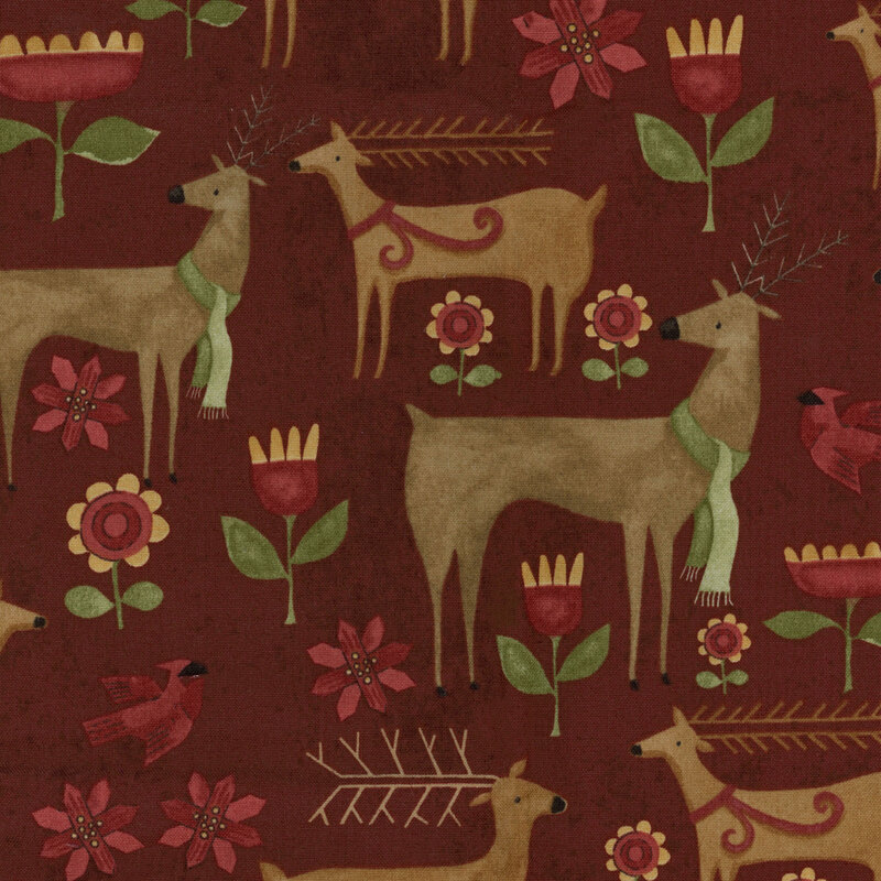 Distressed red fabric with folk art deer wearing scarves, red cardinals, and flowers all over