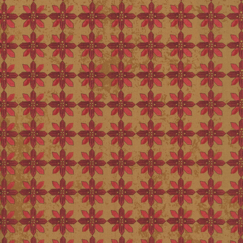 Distressed tan fabric with folk art poinsettias all over