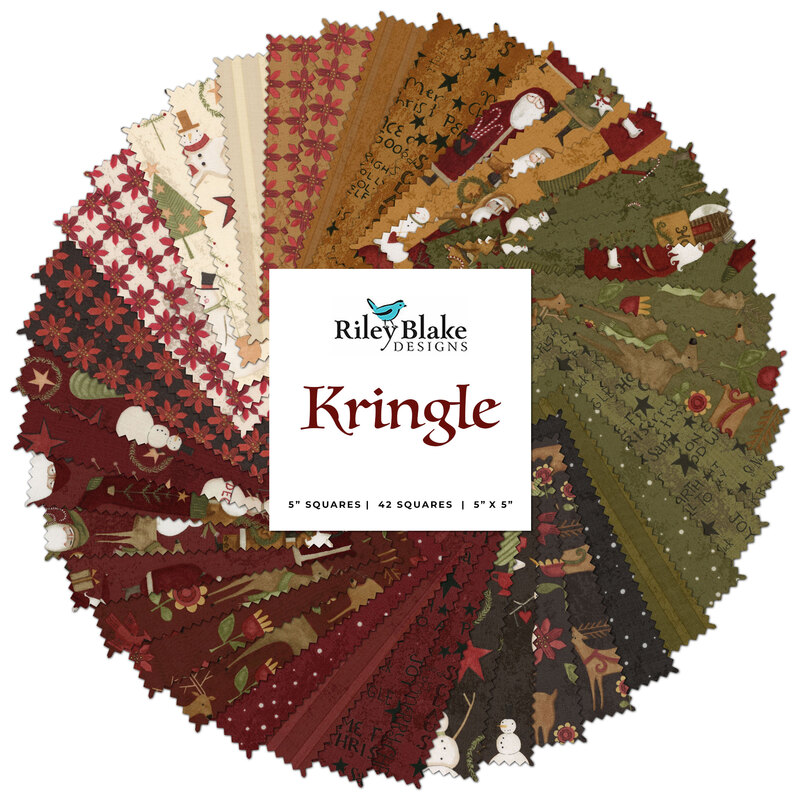 collage of all fabrics included in Kringle charm pack 