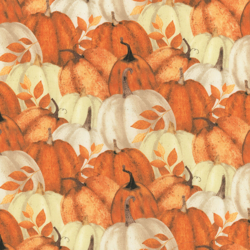 Fabric with packed orange and white pumpkins all over