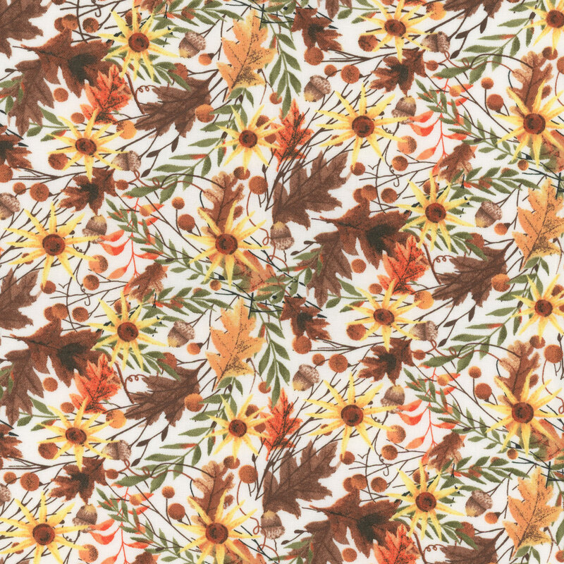 Autumn fabric featuring autumn leaves and vines with acorns all over a white background