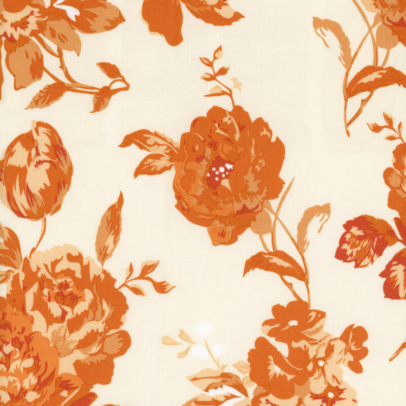 fabric featuring large orange florals and vines on a cream background