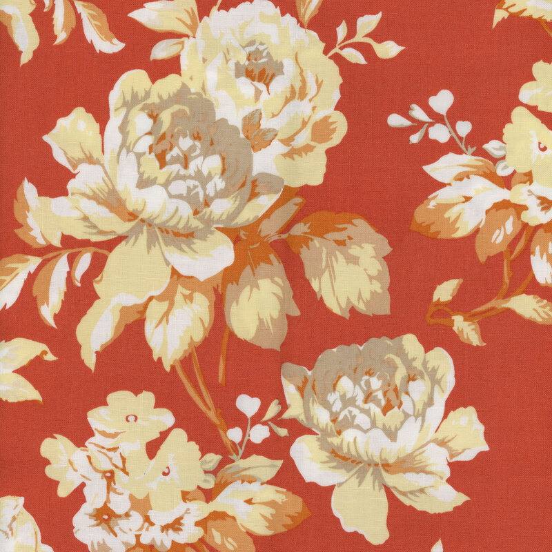 fabric featuring large white roses and leaves all over a burnt orange background