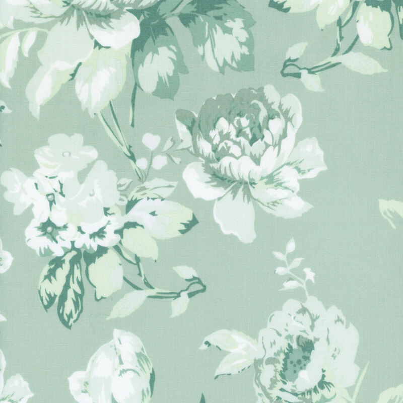 fabric featuring large off white roses and leaves all over a light mint background
