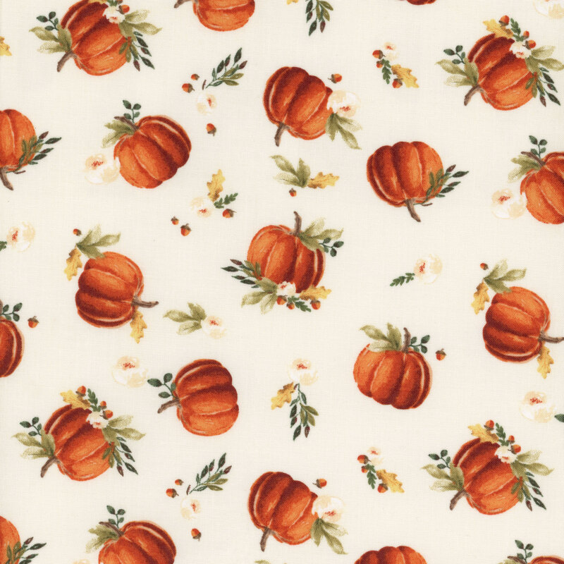 fabric featuring tossed pumpkins and flowers on an off white background