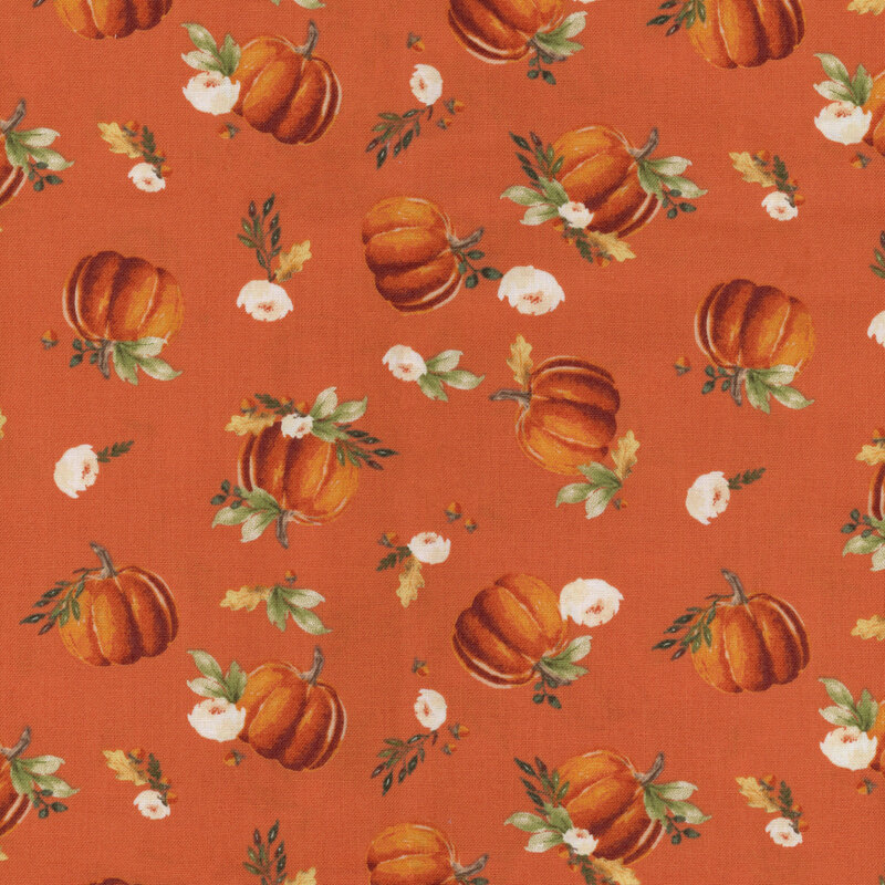 fabric featuring tossed pumpkins and flowers on a burnt orange background