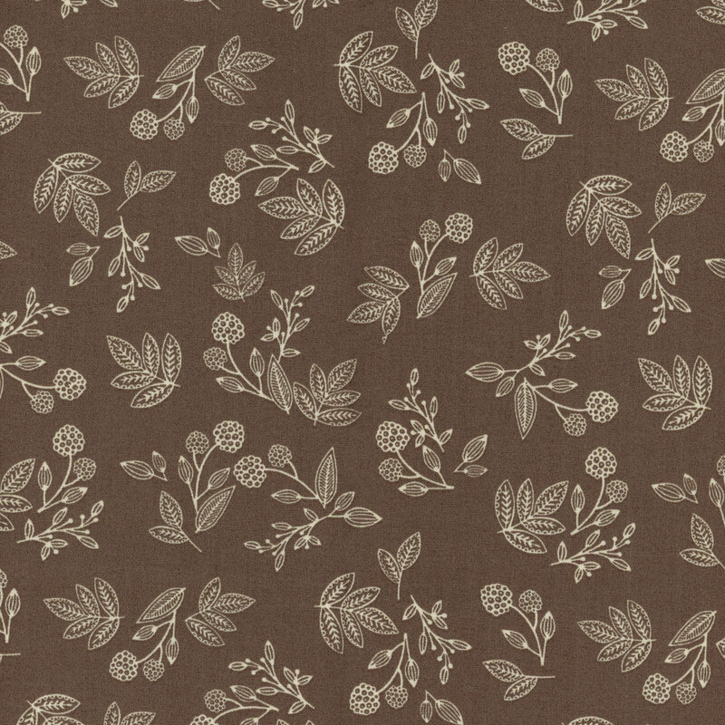 fabric featuring brown fabric with ditsy floral and leaf outlines in cream