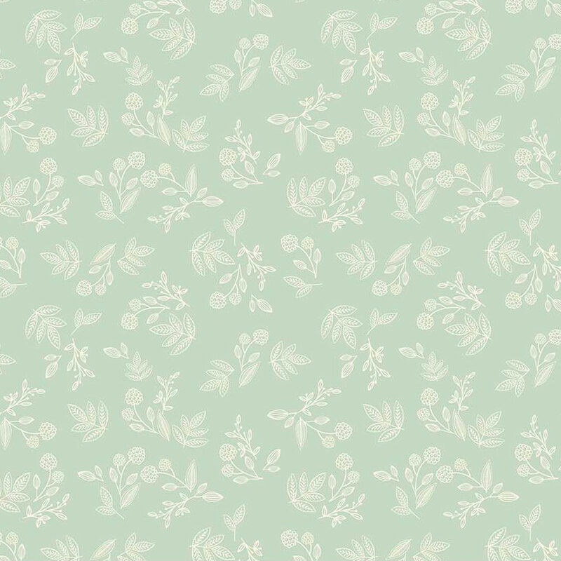 fabric featuring light mint fabric with ditsy floral and leaf outlines in cream