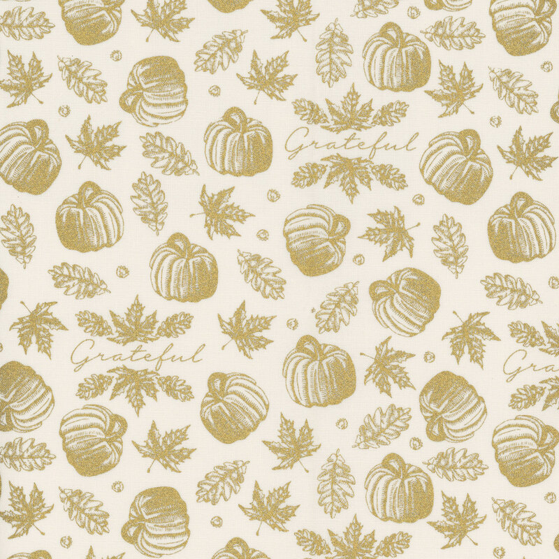 fabric featuring tossed metallic gold outlines of pumpkins and maple leaves on a cream background