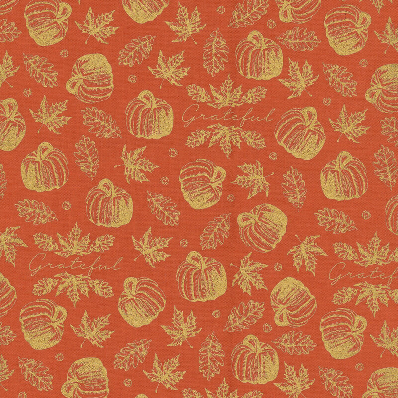 fabric featuring tossed gold metallic outlines of pumpkins and maple leaves on a burnt orange background