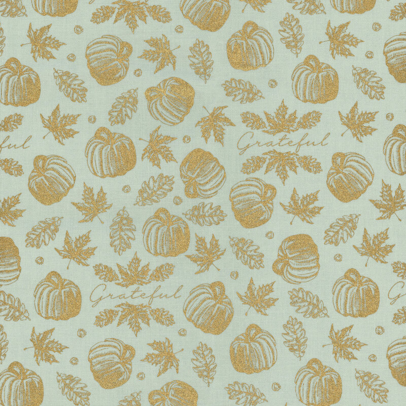 fabric featuring tossed gold metallic outlines of pumpkins and maple leaves on a light mint background