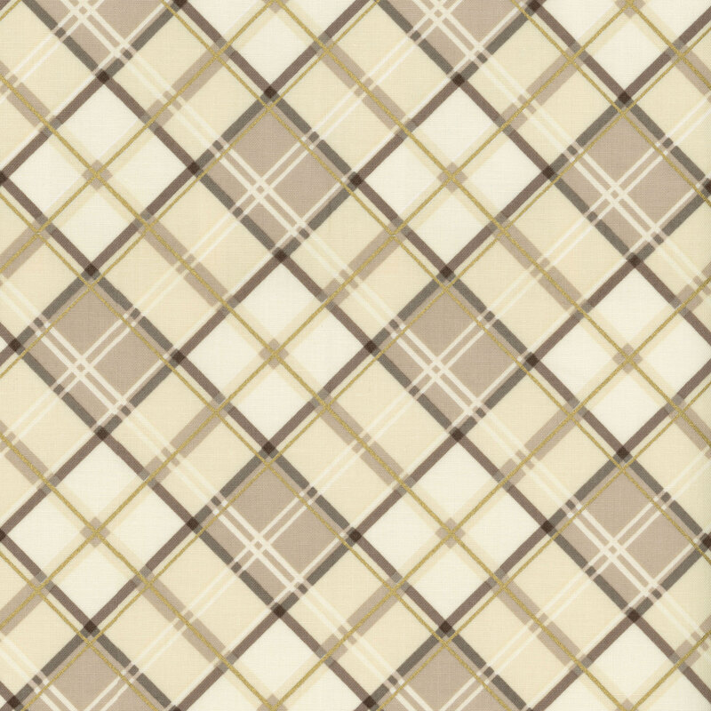 fabric featuring crossed cream plaid pattern and gold metallic accents