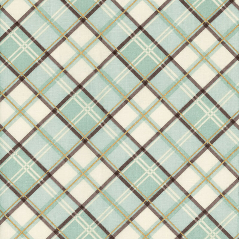fabric featuring cream, light mint, and dark brown plaid fabric with gold metallic accents