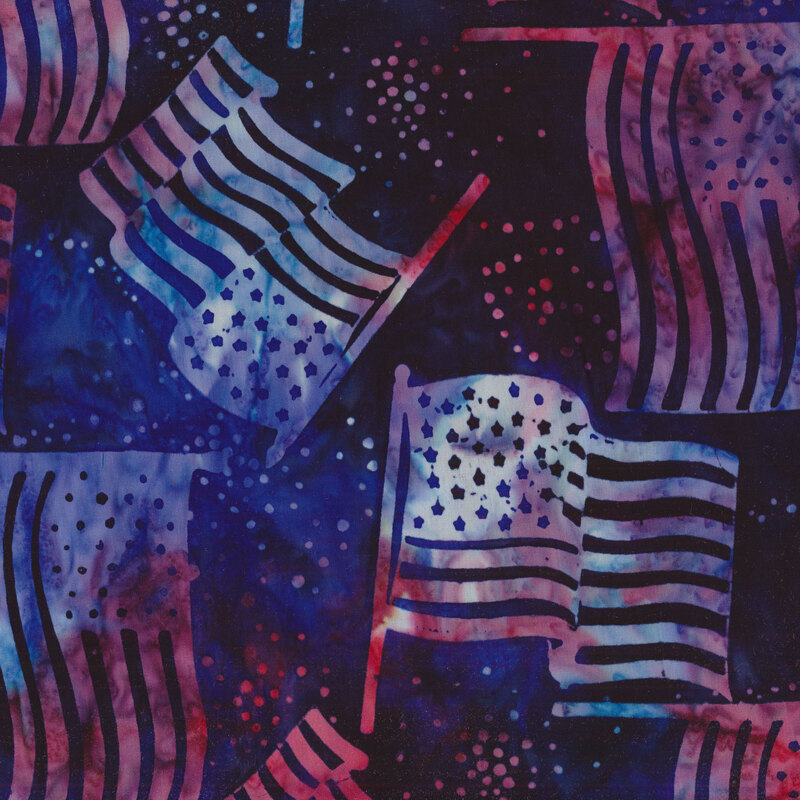 navy blue mottled fabric with red and blue mottled American flags and dots tossed in the foreground