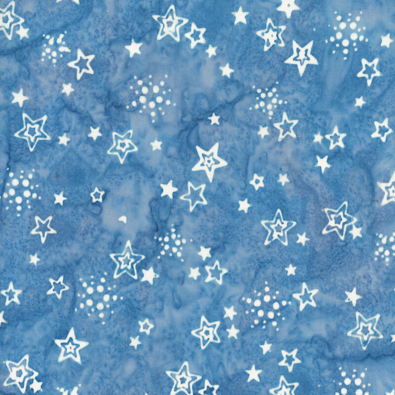 mottled light blue fabric with small white tossed stars